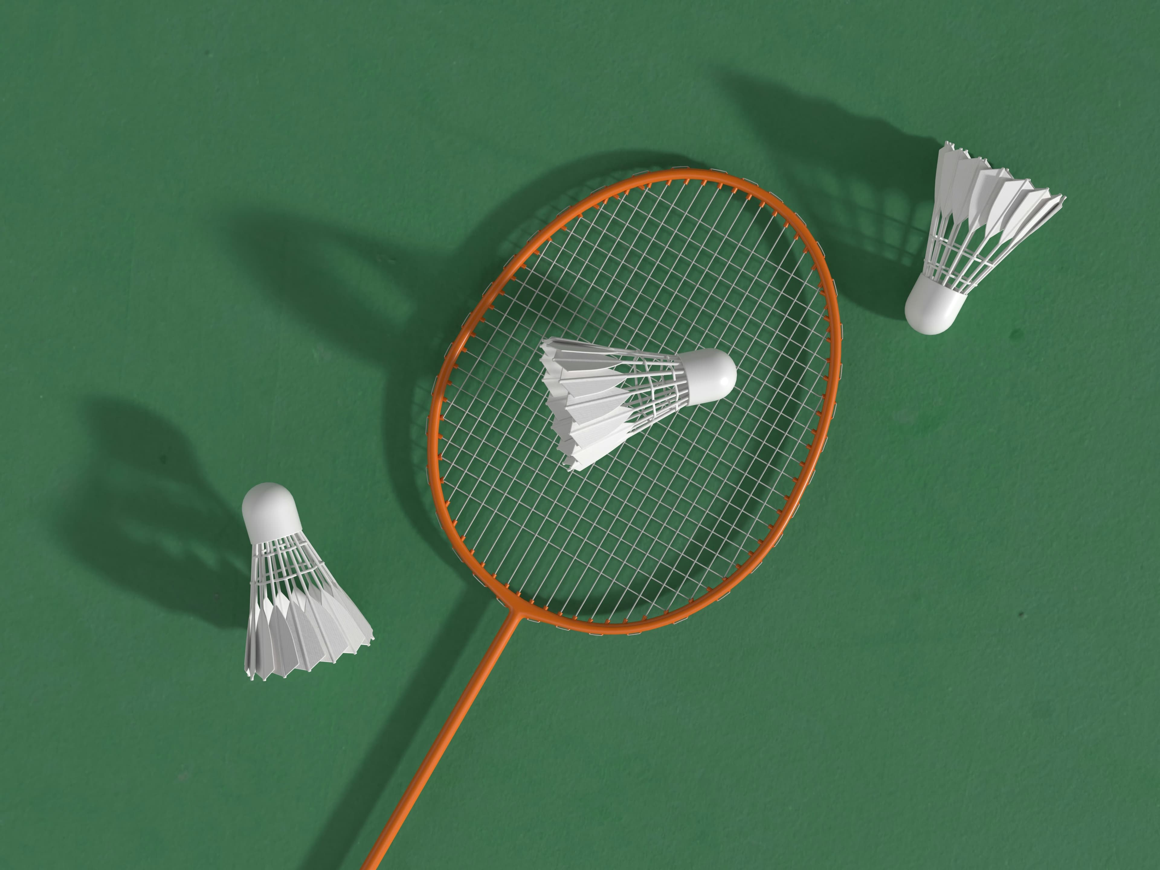 Badminton racket and shuttlecocks on a green court